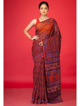 Unnati Silks - Red Pure Hand Block Printed Kota Saree with Unstitched Blouse