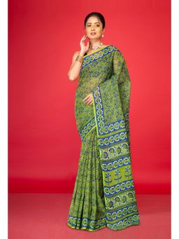Unnati Silks - Green Pure Hand Block Printed Kota Saree with Unstitched Blouse