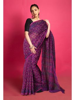 Unnati Silks - Purple Pure Hand Block Printed Kota Saree with Unstitched Blouse