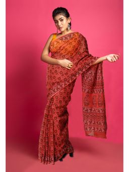 Unnati Silks - Peach Pure Hand Block Printed Kota Saree with Unstitched Blouse