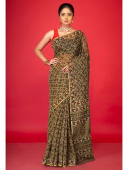Unnati Silks - Olive Green Pure Hand Block Printed Kota Saree with Unstitched Blouse
