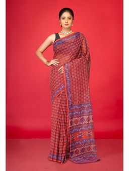 Unnati Silks - Red Pure Hand Block Printed Kota Saree with Unstitched Blouse