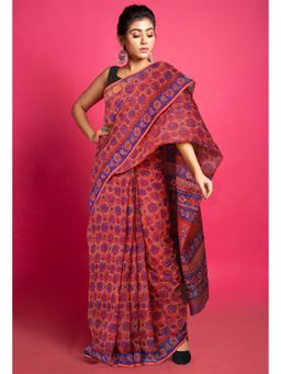 Unnati Silks - Red Pure Hand Block Printed Kota Saree with Unstitched Blouse