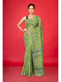 Unnati Silks - Green Pure Hand Block Printed Kota Saree with Unstitched Blouse
