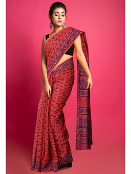 Unnati Silks - Red Pure Hand Block Printed Kota Saree with Unstitched Blouse