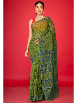 Unnati Silks - Green Pure Hand Block Printed Kota Saree with Unstitched Blouse