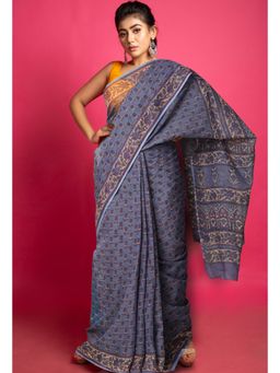 Unnati Silks - Grey Pure Hand Block Printed Kota Saree with Unstitched Blouse