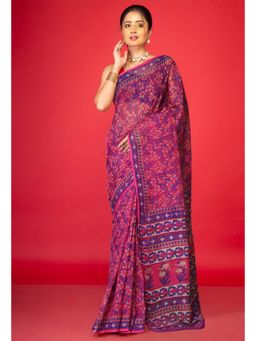 Unnati Silks - Pink Pure Hand Block Printed Kota Saree with Unstitched Blouse