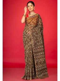 Unnati Silks - Olive Green Pure Hand Block Printed Kota Saree with Unstitched Blouse