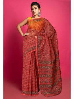 Unnati Silks - Red Pure Hand Block Printed Kota Saree with Unstitched Blouse