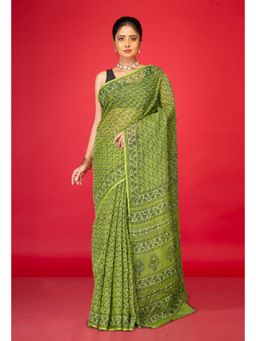 Unnati Silks - Green Pure Hand Block Printed Kota Saree with Unstitched Blouse