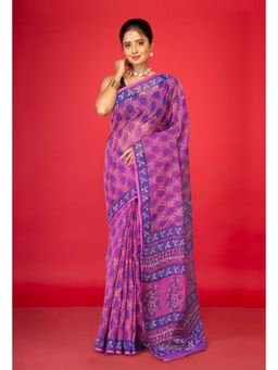 Unnati Silks - Purple Pure Hand Block Printed Kota Saree with Unstitched Blouse