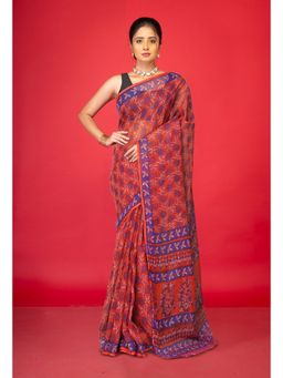 Unnati Silks - Red Pure Hand Block Printed Kota Saree with Unstitched Blouse