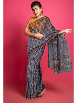 Unnati Silks - Grey Pure Hand Block Printed Kota Saree with Unstitched Blouse