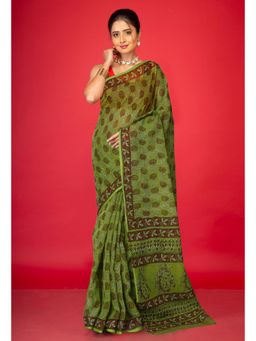 Unnati Silks - Green Pure Hand Block Printed Kota Saree with Unstitched Blouse
