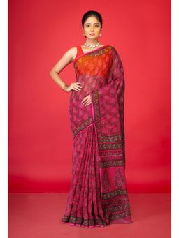 Unnati Silks - Pink Pure Hand Block Printed Kota Saree with Unstitched Blouse