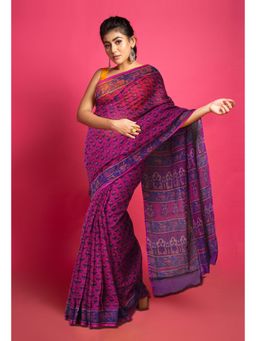 Unnati Silks - Purple Pure Hand Block Printed Kota Saree with Unstitched Blouse