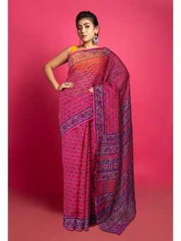Unnati Silks - Pink Pure Hand Block Printed Kota Saree with Unstitched Blouse