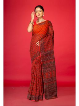Unnati Silks - Red Pure Hand Block Printed Kota Saree with Unstitched Blouse