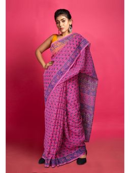 Unnati Silks - Pink Pure Hand Block Printed Kota Saree with Unstitched Blouse