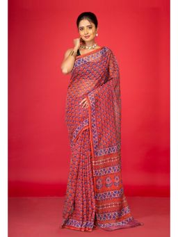 Unnati Silks - Red Pure Hand Block Printed Kota Saree with Unstitched Blouse
