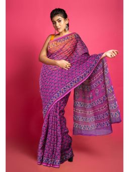 Unnati Silks - Purple Pure Hand Block Printed Kota Saree with Unstitched Blouse