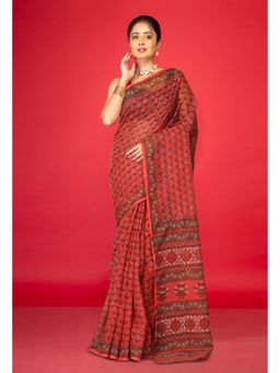 Unnati Silks - Peach Red Pure Hand Block Printed Kota Saree with Unstitched Blouse