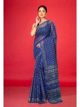 Unnati Silks - Blue Pure Hand Block Printed Kota Saree with Unstitched Blouse