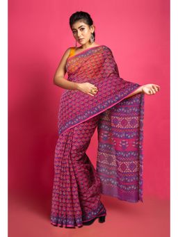 Unnati Silks - Pink Pure Hand Block Printed Kota Saree with Unstitched Blouse