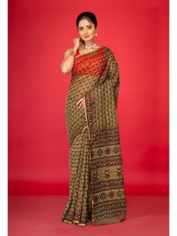 Unnati Silks - Olive Green Pure Hand Block Printed Kota Saree with Unstitched Blouse