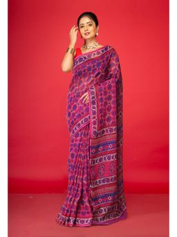 Unnati Silks - Pink Pure Hand Block Printed Kota Saree with Unstitched Blouse