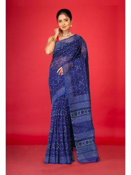 Unnati Silks - Blue Pure Hand Block Printed Kota Saree with Unstitched Blouse