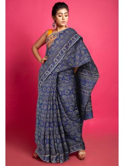 Unnati Silks - Grey Pure Hand Block Printed Kota Saree with Unstitched Blouse