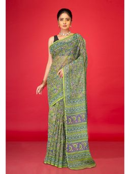 Unnati Silks - Green Pure Hand Block Printed Kota Saree with Unstitched Blouse