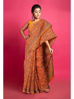 Unnati Silks - Orange Pure Hand Block Printed Kota Saree with Unstitched Blouse