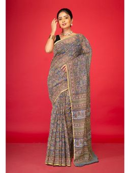 Unnati Silks - Olive Green Pure Hand Block Printed Kota Saree with Unstitched Blouse