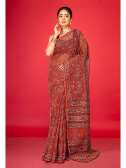 Unnati Silks - Red Pure Hand Block Printed Kota Saree with Unstitched Blouse