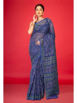 Unnati Silks - Blue Pure Hand Block Printed Kota Saree with Unstitched Blouse