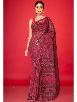 Unnati Silks - Pink Pure Hand Block Printed Kota Saree with Unstitched Blouse