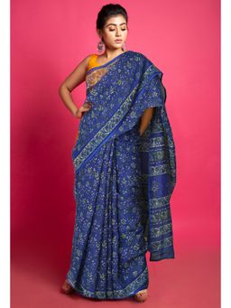 Unnati Silks - Blue Pure Hand Block Printed Kota Saree with Unstitched Blouse