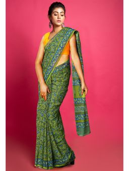 Unnati Silks - Green Pure Hand Block Printed Kota Saree with Unstitched Blouse