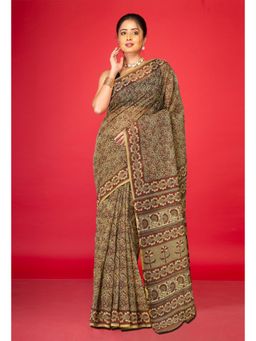 Unnati Silks - Olive Green Pure Hand Block Printed Kota Saree with Unstitched Blouse