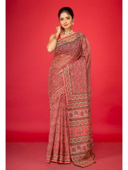 Unnati Silks - Peach Red Pure Hand Block Printed Kota Saree with Unstitched Blouse