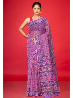 Unnati Silks - Pink Pure Hand Block Printed Kota Saree with Unstitched Blouse