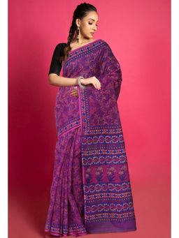Unnati Silks - Purple Pure Hand Block Printed Kota Saree with Unstitched Blouse