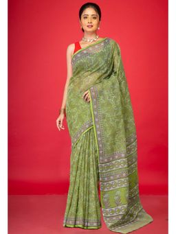 Unnati Silks - Green Pure Hand Block Printed Kota Saree with Unstitched Blouse