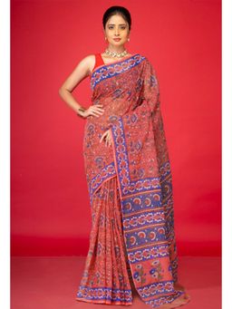 Unnati Silks - Peach Red Pure Hand Block Printed Kota Saree with Unstitched Blouse
