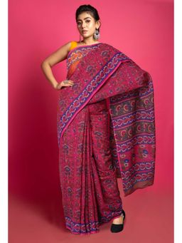 Unnati Silks - Pink Pure Hand Block Printed Kota Saree with Unstitched Blouse