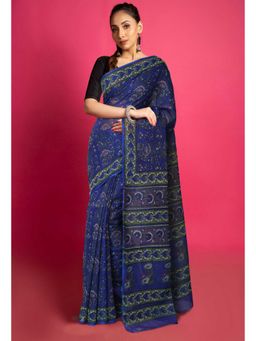 Unnati Silks - Blue Pure Hand Block Printed Kota Saree with Unstitched Blouse