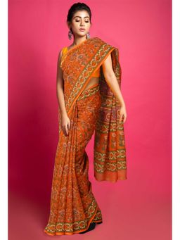 Unnati Silks - Orange Pure Hand Block Printed Kota Saree with Unstitched Blouse